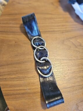 Unbranded Black Leather Wide Belt, Silver Metal 3 Chain-Link Loops Buckle M